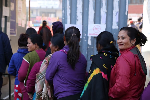 Women line up outside a polling station in Chyasal to cast their votes in the second phase of provincial and parliamentary elections on Thursday. More than 12 million voters in 45 districts are eligible to exercise their voting rights in the last phase of the polls.