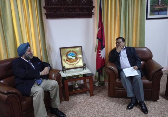 Indian ambassador Manjeev Singh Puri calls on Deputy Prime Minister and Foreign Minister Krishna Bahadur Mahara to discuss on further expansion and strengthening of bilateral relations in Kathmandu on Wednesday.