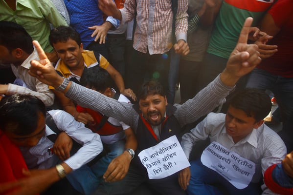 Students of various student unions stage a protest against the unofficial economic blockade imposed by India at Lainchaur on Monday.