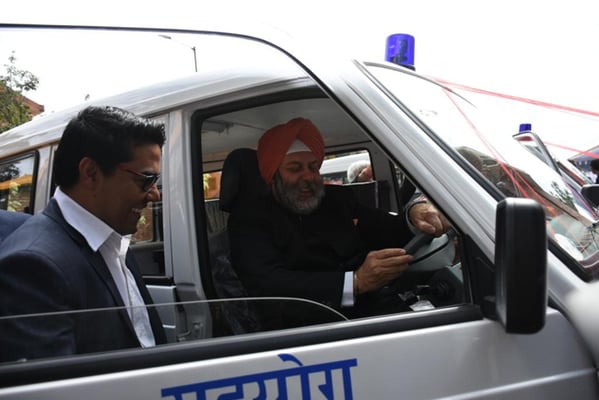 Indian ambassador Manjeev Singh Puri prepares to drive one of the 30 ambulances that India gifted to Nepal on its 70th Independence Day on Tuesday.