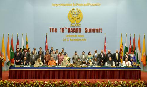 The Heads of States at the closing ceremony of the 18th SAARC Summit at City Hall on Thursday.