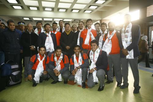 The national cricket team at Tribhuvan International Airport on Monday following their participation in the ICC World Cricket League Division 2.