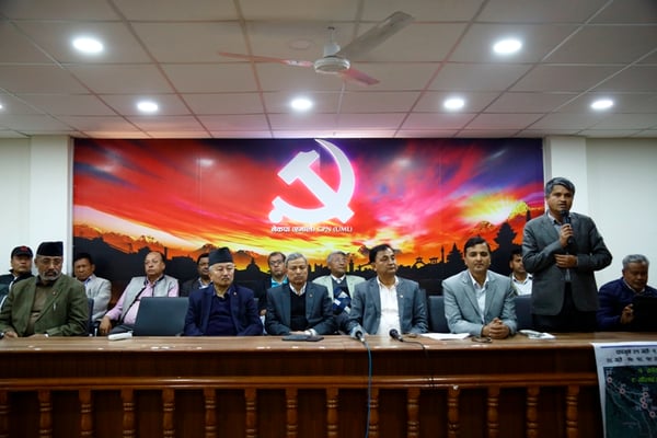 CPN-UML leaders during a press meet held in Kathmandu on Tuesday. UML has said that Madhesi Front should take responsibility for the Saptari tragedy.