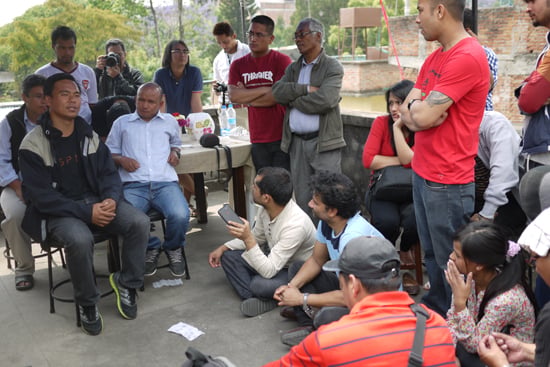 Earthquake survivors Dawa Sherpa(left) of Sindhulipalchok and Dawa Tamang(right) of Gorakshep recount their experience at a program organised by School of Creative Communications at Kupondole.