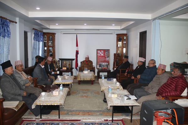 A Left Alliance meeting at UML Chair KP Oli's residence in Balkot on Sunday. UML and Maoist leaders have intensified negotiations to unify their parties ahead of Upper House elections.