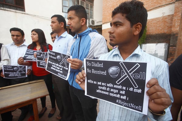 All Nepal National Free Students Union stage a demonstration against Ncell's capital gains tax (CGT) issue at Exhibition Road in Kathmandu on Saturday.