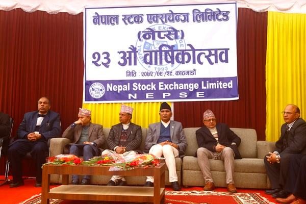 Finance Minister Bishnu Prasad Paudel chairs the 23rd Nepal Stock Exchange Limited Annual Function at the premises of NEPSE on Wednesday.