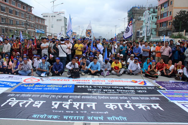 Magarat Struggle Committee stages a sit-in at Baneshwor, Kathmandu on Thursday protesting the six-province federalism model.