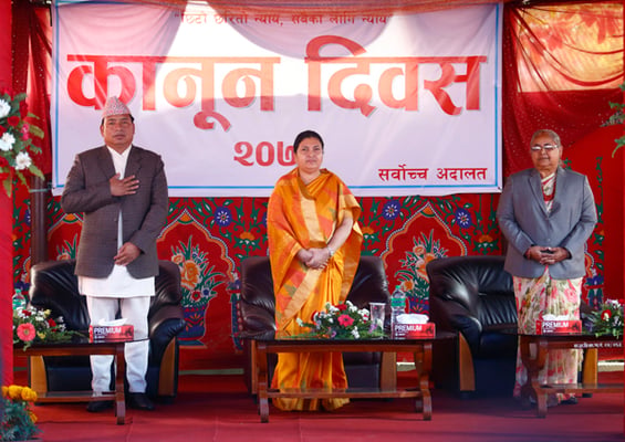 President Bidya Devi Bhandari ,Vice President Nanda Kishor Pun and Chief Justice Sushila Karki attend the Law Day celebrations at the Supreme Court, Kathmandu on Tuesday.