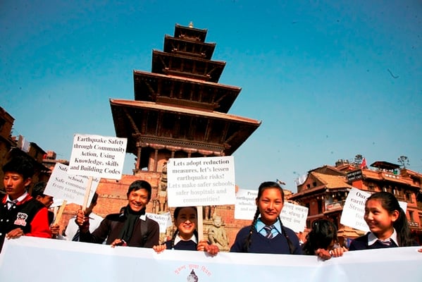 EARTHQUAKE SAFETY DAY: As Nepal marks 79 anniversary of 1934’s earthquake in Kathmandu, children rally to raise awareness on earthquake prevention, in Bhaktapur on Tuesday