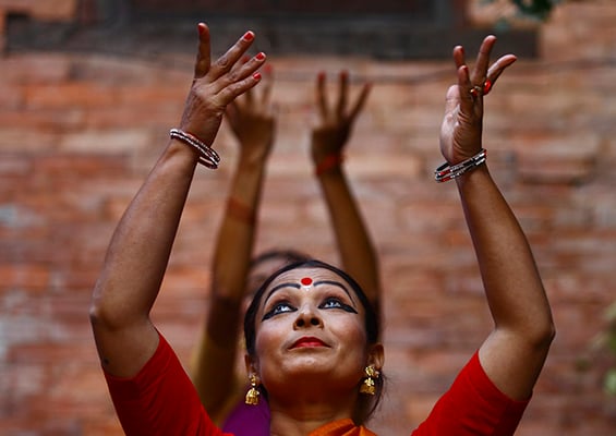 Dancers perform Bharatnatyam dance at a workshop organised by the Kartik dance conservation community in Patan Darbar Square on Saturday. The "40 hours Bharatnatyam dance" workshop is the first of its kind to be organised in Nepal, where 34 participants were trained by Matina Manandhar.