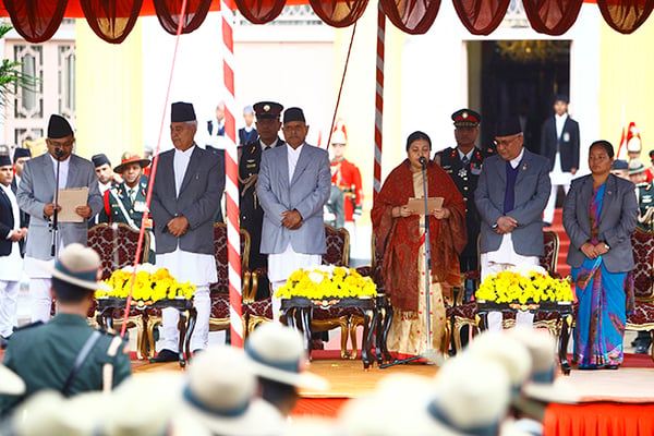 Chief Justice Kalyan Shrestha (left) administers the oath of office to President Bidya Bhandari at Shital Niwas on Thursday.