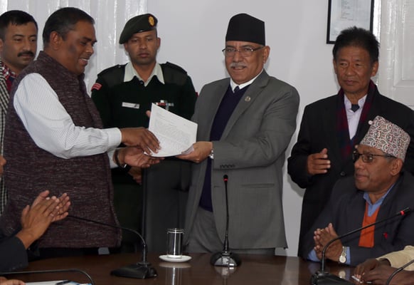 Federal Alliance leader Upendra Yadav hands over a memorandum to Prime Minister Pushpa Kamal Dahal on Monday, threatening to launch a new agitation if their demands are not met in the next 15 days. The alliance is seeking amendments to the Constitution.