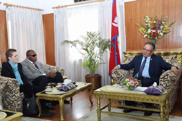 Head of the joint Executive Boards' delegation Walton Alfonso Webson, and UN Resident Coordinator to Nepal Vallerie Julliand meet with Prime Minister Puspa Kamal Dahal in Baluwatar.