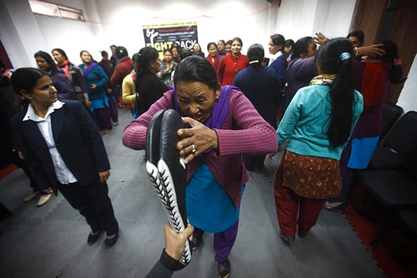 Female staff of the Ministry of Women, Child and Social Welfare participate at the Fight Back Sexual Violence Risk Reduction Program organised by Paritran Risk Management System at Singha Darbar on Wednesday.