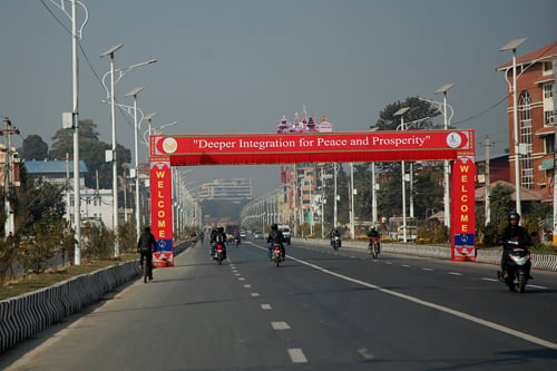 Vehicles run on a near empty road near Baneshwor on the first day of the 18th SAARC Summit on Wednesday.