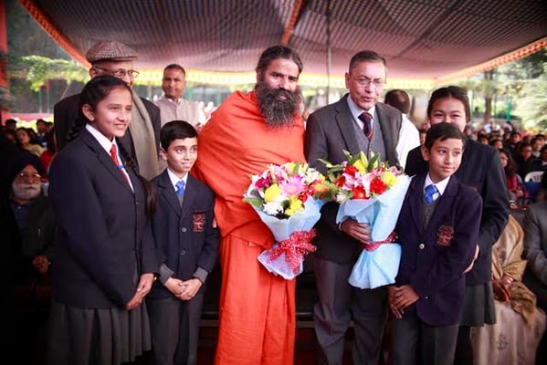Indian ambassador to Nepal Ranjit Rae (right) and yoga guru Ramdev(left) during the inauguration of Modern Indian School's new building at Chobar on Wednesday.
