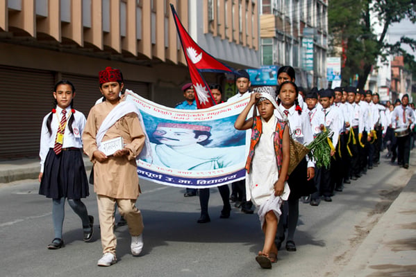 Students participate in a rally to celebrate 204th Bhanu Jayanti, the birth anniversary of Nepali poet Bhanu Bhakta Acharya, at Kamaladi on Thursday.