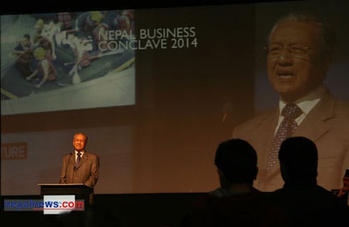 ECONOMY FIRST: Former Malaysian Prime Minister Dr Mahathir Mohammad delivering his key note speech at the opening ceremony of the Nepal Business Conclave 2014 in Kathmandu, Sunday.