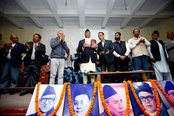 Nepali Congress Chairman Sher Bahadur Deuba along with other leaders release the party's manifesto for the upcoming local election at Balkhu on Tuesday.