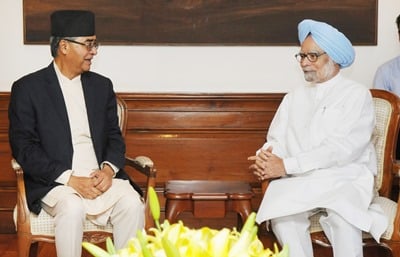 DEEP CONVERSATION: Former PM of Nepal Shri Sher Bahadur Deuba (left) meets Indian PM Dr Manmohan Singh at New Delhi on Tuesday.