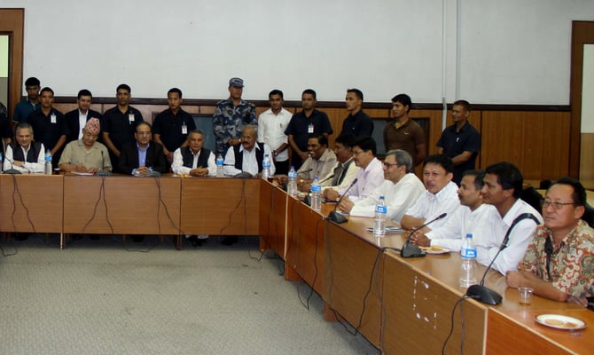 LET'S TALK: The High Level Political Committee in discussion with Upendra Yadav-led Madhesi Janadhikar Forum-Nepal on Tuesday.