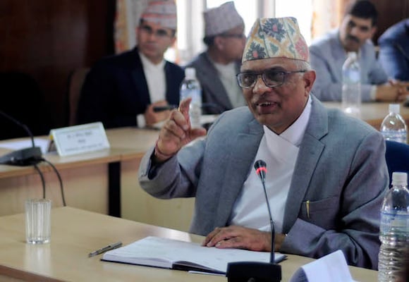 Gopal Parajuli speaks at the Parliament Hearing Special Committee during his hearing in Singha Durbar on Sunday. The committee has unanimously endorsed Parajuli for the post of Chief Justice.