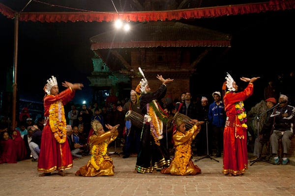 Artists in traditional attire perform a cultural dance on the occasion of Kartik Naach Festival at Patan Darbar Square on Monday. The annual festival runs for 10 days and is believed to have began in the 17th century.