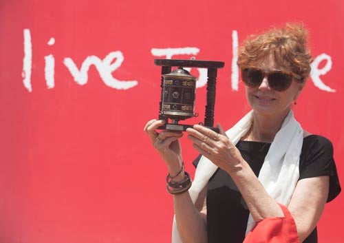 Academy award winning actress Susan Sarandon attends the inauguration program for building earthquake and wind resistant homes in Ramkot on Sunday.