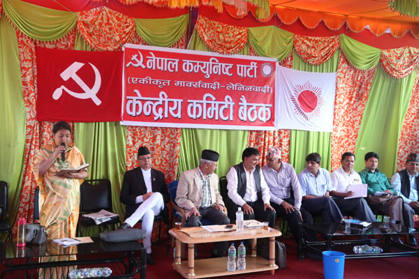CPN (UML) leader Bidhya Bhandari speaks during a party meeting in Balkhu, Kathmandu on Tuesday.