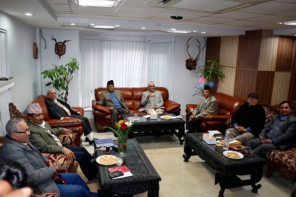 Leaders of CPN-UML and Maoist (Centre) during the party coordination committee meeting held in Manbhawan on Wednesday.