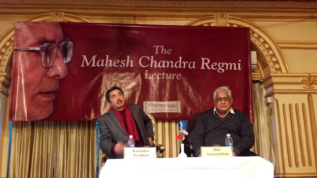 Indian social scientist Shiv Visvanathan (right) gives a public lecture on 'Rethinking Secularism' at Hotel Shanker on Monday. This is the 13th lecture of the Mahesh Chandra Regmi Lecture series that was started in 2003.