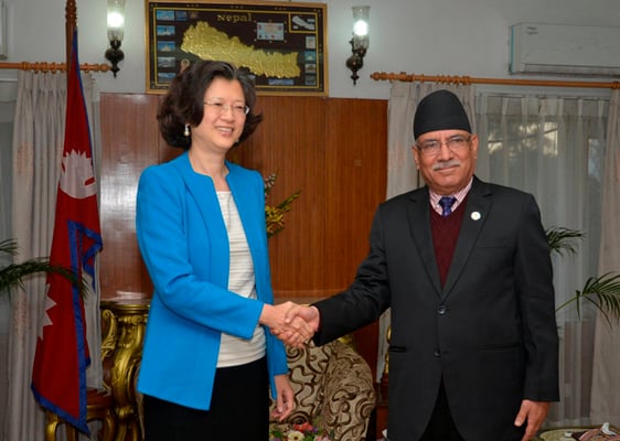 New Chinese ambassador to Nepal Yu Hong calls on Prime Minister Pushpa Kamal Dahal at the latter's official residence in Baluwatar, Kathmandu on Tuesday. Dahal reaffirmed Nepal's one China policy during the meeting.