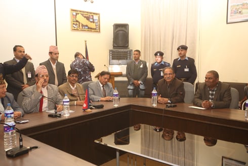 REST ASSURED: Chief Election Commissioner Nilkantha Upreti (left) talks to leaders of parties who are demanding a recount of votes, at the EC office in Kantipath on Wednesday.