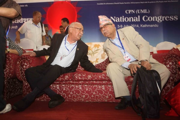 KP Oli and Madhav Kumar Nepal participate in a close session during the Ninth General Convention of the CPN-UML at Bhrikutimandap on Friday.