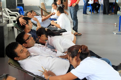 People line up to donate blood at a program in Jain Bhawan at Gyaneshwor on Saturday.