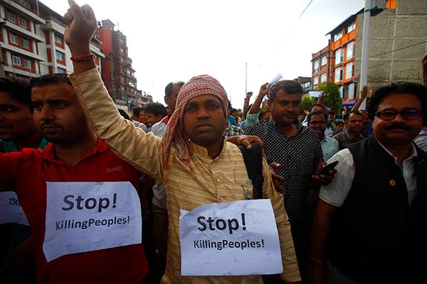 Madhesi groups protest against the new constitution as they march towards the parliament building in New Baneswor on Saturday.