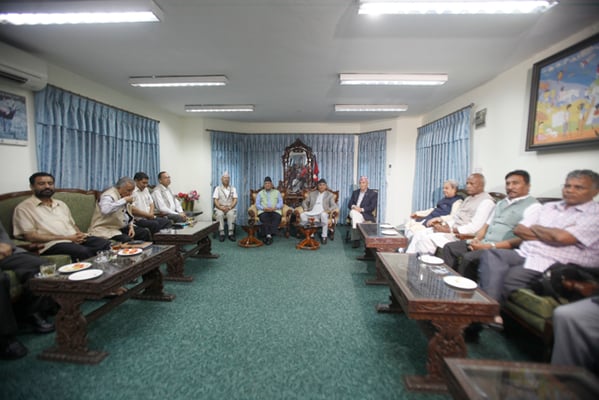 Prime Minister Sher Bahadur Deuba and top leaders of three majr parties hold a meeting with Rastriya Janata Party Nepal (RJPN) at Singha Durbar on Wednesday. The Prime Minister called the meeting in a bid to bring RJPN on board for the second phase of local elections.