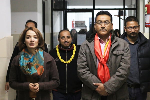Secretary for Ministry of Health Shanta Bahadur Shrestha(second, right) inspects the Charikot Health Centre in Dolakha which is being operated on a public-private partnership model with Nyaya Health. Also seen is SP Kalaunee (right), Director of Governance and Partnerships at Nyaya Health Nepal.