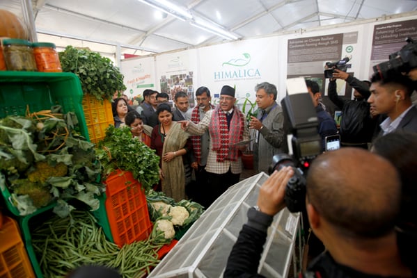 Prime Minister Pushpa Kamal Dahal observes a stall at the 6th Nepal International Trade Fair in Bhrikutimandap, Exhibition Road on Thursday.