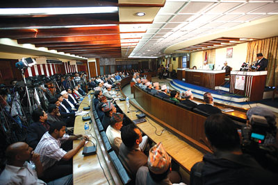 MONEY MATTERS: Finance Minister Shankar Prasad Koirala announces the budget for 2012-13 in Singha Darbar on Tuesday evening.