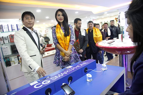 Former Miss Nepal Shristi Shrestha attends the opening of a multi-brand mobile showroom at Darbar Marg on Monday.