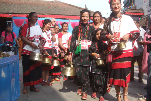GANESH FIRST: Newar women gather near the Ashok Binayak temple before departing to other Ganesh temples in Kirtipur and Bhaktapur for Ganesh Chaturthi, on Monday.