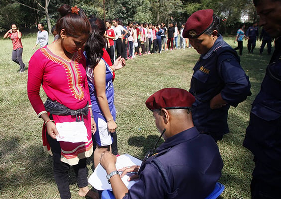 As Nepal gears up for provincial and parliamentary elections to be held on 26 November and 7 December respectively, youth line up to apply for temporary police jobs in Kathmandu on Tuesday.