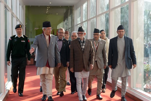 Prime Minister Sushil Koirala and other ministers visiting the SAARC summit hall on Monday.