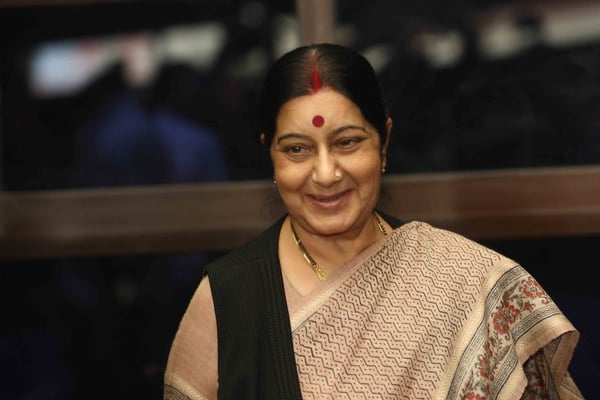 Indian External Affairs Minister Sushma Swaraj arrives in Kathmandu on Friday.