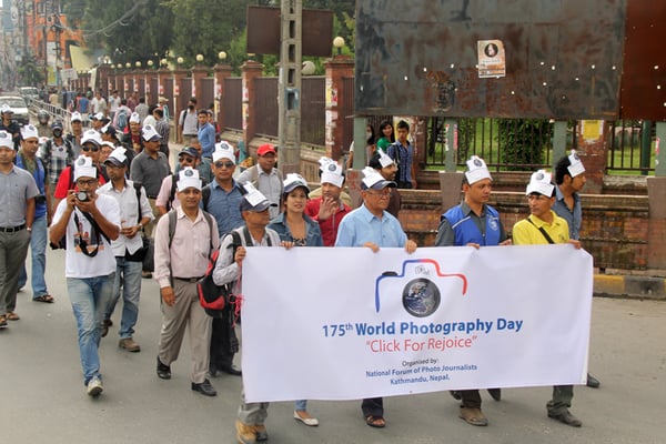 Members of the National Forum of Photo Journalists at a rally to celebrate the 175th World Photography Day on Tuesday.