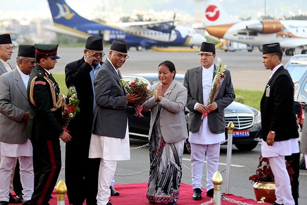 Speaker of the House Onsari Gharti Magar and Deputy Prime Ministers Bijay Kumar Gachchhadar and Gopal Man Shrestha see off Prime Minister Sher Bahadur Deuba at Tribhuvan International Airport in Kathmandu on Tuesday. Deuba left for the United States to attend the 72nd session of the United Nations General Assembly to be held in New York.