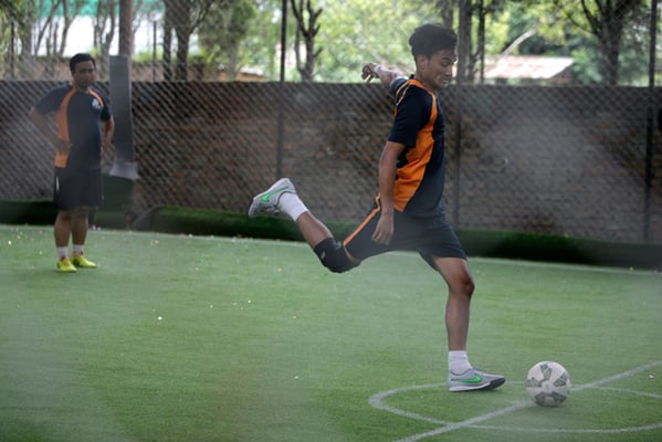 A Photojournalist Club player kicks off a game with Image Channel, in the first media futsal competition held at Goalpost Futsal Training Centre in Bhaisepati, Lalitpur on Wednesday.