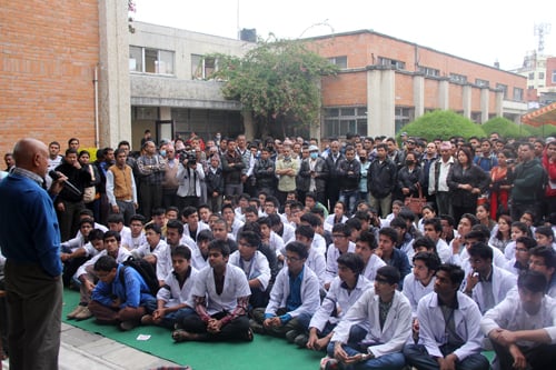 Resident doctors at Tribhuvan University Teaching Hospital on Friday stage a sit-in expressing solidarity with Dr Govinda KC's hunger strike.